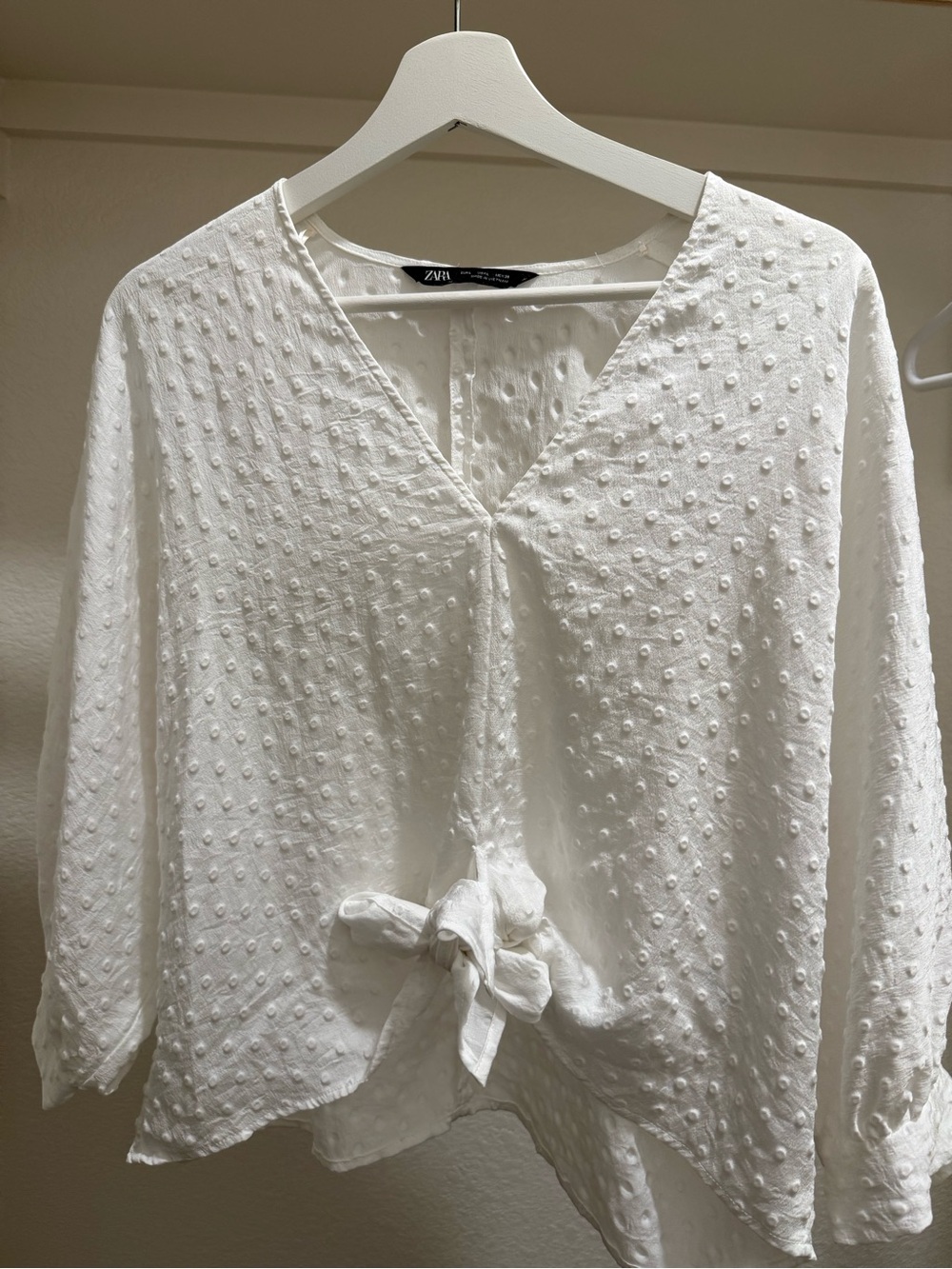 Zara White Textured Tie-Waist Blouse
